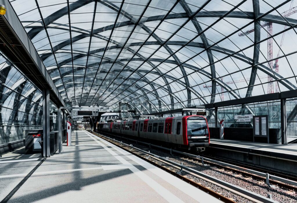 Architectural shot of Elbbrücken train station in Hamburg, showcasing modern design and infrastructure.